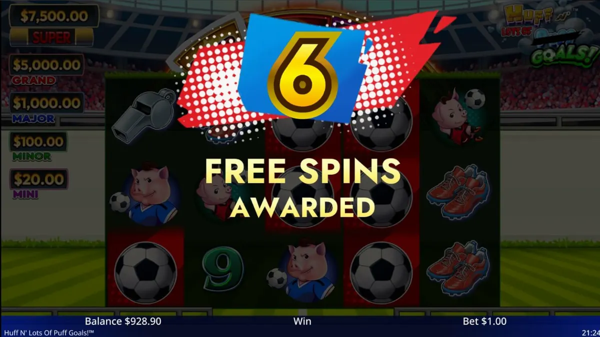 Tampilan visual slot Huff N' Lots of Goals dengan tema sepak bola dan karakter babi