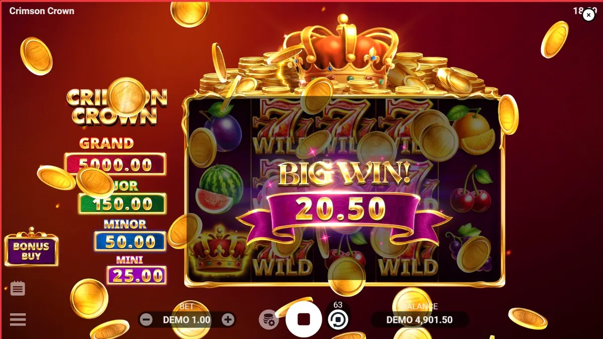 Tampilan visual slot Crimson Crown dengan simbol buah klasik dan mahkota emas