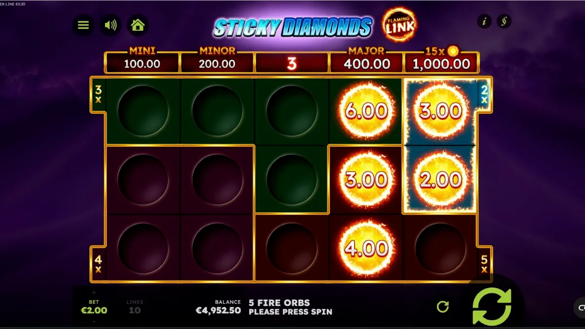 Tampilan antarmuka mesin slot Sticky Diamonds Flaming Link dengan simbol buah dan berlian.