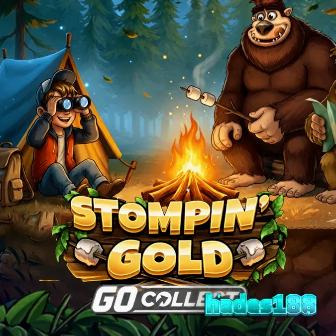 Tampilan visual slot Stompin Gold dengan tema petualangan hutan